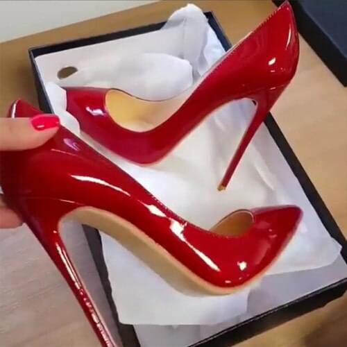 UVRCOS 12CM Thin Heels Women Pumps Red Grey Pink Nude Patent Leather Dress Shoes Pointed Toe Stiletto Heels