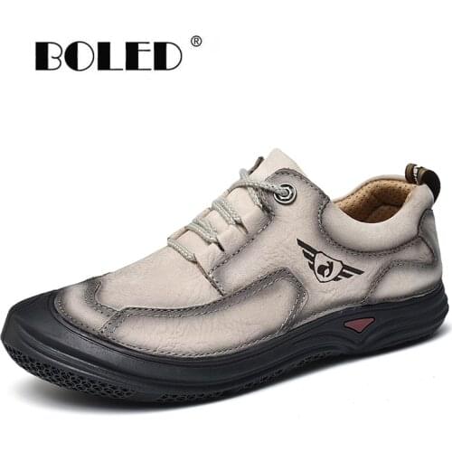 Natural Leather Shoes Men Lace-Up Handmade Top Quality Casual Men Shoes Waterproof Outdoor Walking Flats Shoes