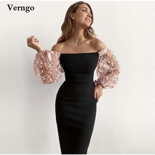 Verngo Black Stretch Satin Mermaid Evening Dresses Off the Shoulder Lace Puff Sleeves Party Dress Ankle Length Women Dress
