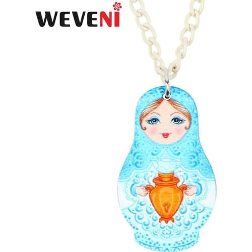WEVENI Acrylic Russian Matryoshka Girl Doll Necklace Pendant Chain Choker Party Jewelry 2019 New Design For Women Girl Teen Gift