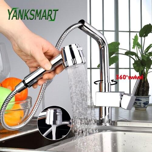 YANKSMART Chrome Polished Pull Out 360 Swivel Vessel Sink Single Handle Deck Mounted Kitchen Faucet Hot And Cold Mixer Water Tap