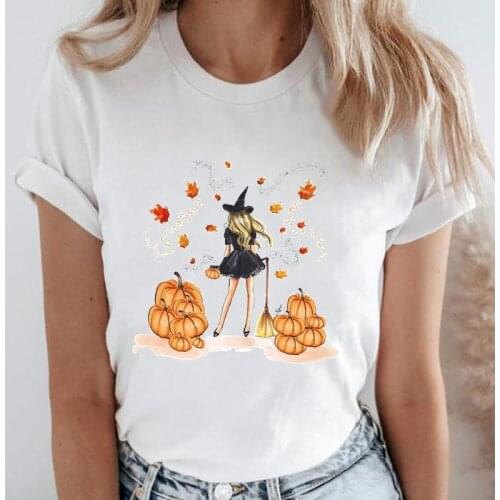 Women Witch 2021 New Pumpkin Autumn O-neck Fall Halloween Thanksgiving Cartoon Tops Tees Graphic T-Shirt Tshirt Clothes