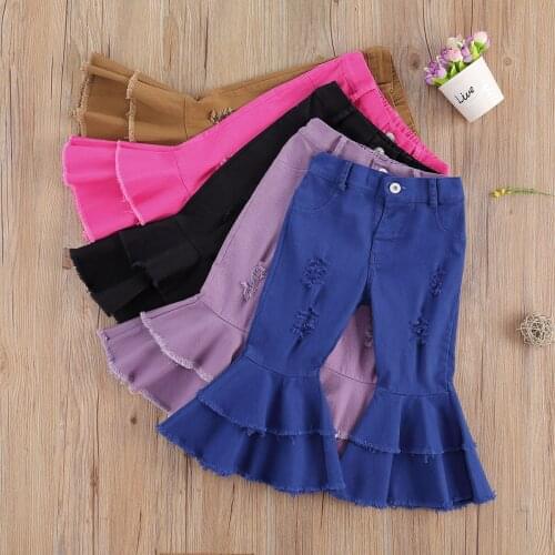 1-6Y Fashion Kids Baby Girls Jeans Flare Pants Solid Elastic Waist Button Denim Hole Trousers Pants 5 Colors