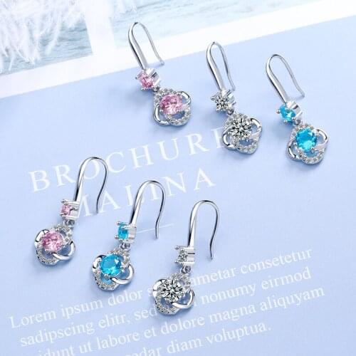 Elegant Sweet Flower Drop Earrings Fashion Pink Blue White Crystal CZ Zircon Dangle Earrings for Women Jewelry Oorbellen 2020