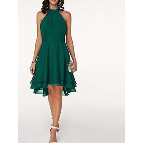 Women Chiffon Dress Summer Elegant Cropped Layered High Waist Halter Sleeveless Midi Dress Solid Color Chiffon Party Slim Dress