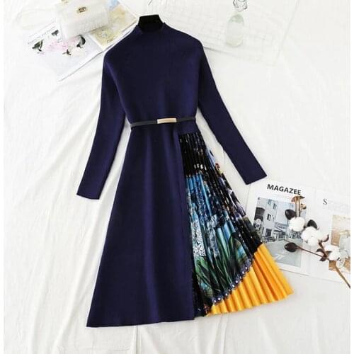 High Collar Knit Patchwork Sweater Dress Women 2020 Autumn Winter Vintage A-Line Knitted Dress Elegant Sashes Party Dresses