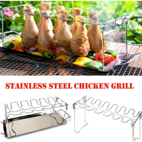 14 Slot Stainless Steel Chicken Wing Leg Drumstick Rack Oven BBQ Grill Holder with Drip Pan for BBQ barbecue Roasting Tool