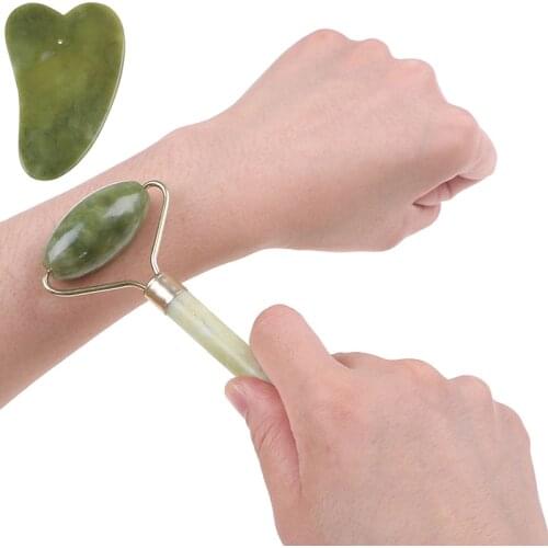 1Pcs/2PCS Women Natural Jade Guasha Facial Face Thin Roller+Body Guasha Board Massager Stone Tool Set Health Care Relaxation New