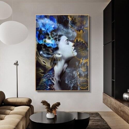 Abstract Golden Blue Woman Face Canvas Painting Portrait Poster and Prints Wall Art Pictures for Living Room Home Decor Cuadros