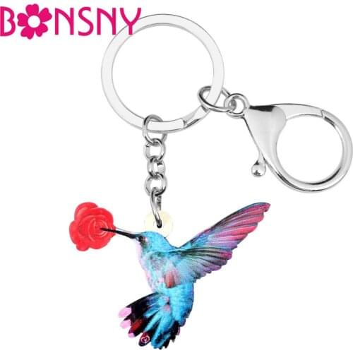 Bonsny Acrylic Blue Hummingbird Bird Keychain Key Rings Fashion Design Jewelry For Women Girls Lovers Pendant Charms Lots Gift