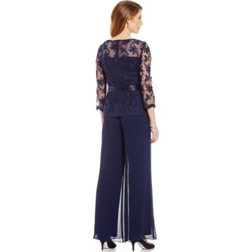 Elegant Navy Blue Mother Of The Bride Dresses Chiffon Pants Suits Lace Top Sheer Jewel Neck Ribbon Belt 3/4 Long Sleeves