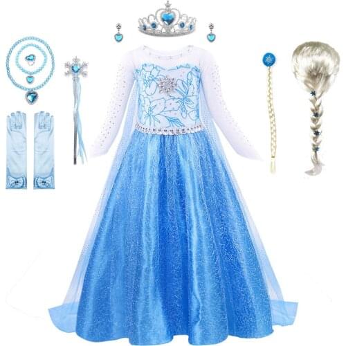 Girls Christmas Halloween Elsa Cosplay Costumes Children Birthday Party Queen Long Dresses for Girl with Diamond Kids Clothing