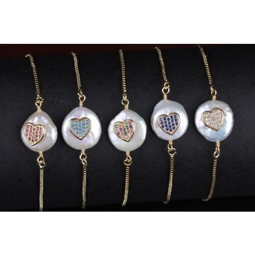 Tiny cz gold heart love charm freshwater pearl bead charms dainty gold link bracelets for women birthday jewelry gift