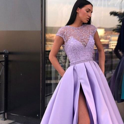 Jewel Lavender \Lilac Party Gowns A-line Sweep/Brush Party Dresses Front/Side Slit Sleeveless Poretrait Beading Evening Dresses