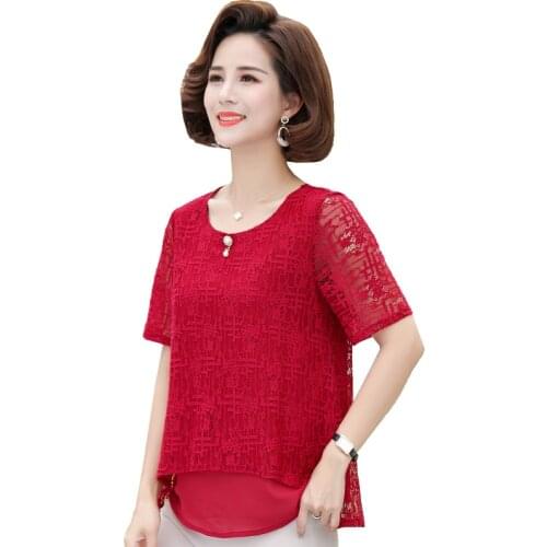 Summer Women Lace T-shirt 2021 Elegant O Neck Short Sleeve Tee Shirts Femme Hollow Out Ladies Top Solid Woman Tops Plus Size 5XL