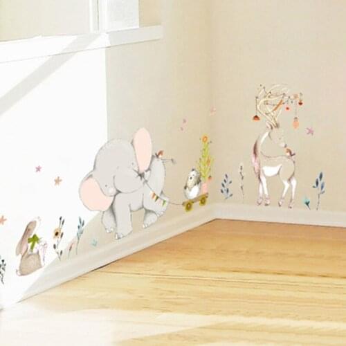 Cartoon Animals Elephant Deer Chick Rabbit Grass Flowers Wall Stickers Wall Border Skirting line Wall Mural Poster Art Decor