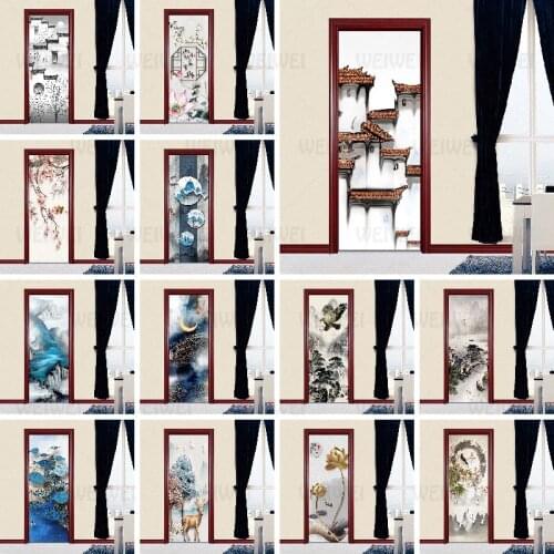 3D Chinese Classical Landscape Fish And Bird Door Stickers Bedroom DIY PVC Self-adhesive Wallpaper Waterproof Mural Decoration