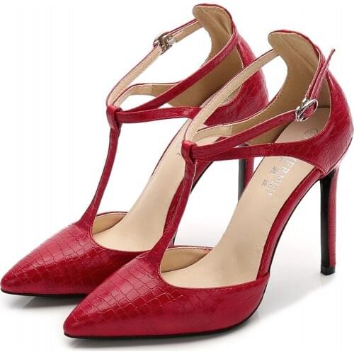 New Luxury Leather Women Pumps High Heels Sexy T-Strap Mary Janes OL Pointed Toe Sandals Ladies Wedding Shoes For Woman DB0045