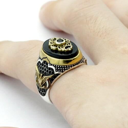New style zircon authentic sterling silver antique Turkish black agate ring, spinel mens colorful punk style