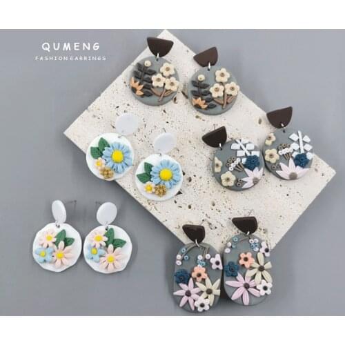 Original Vintage plant 3D patterns Flowers Handmade Soft Polymer Clay Earrings Geometric Simple Korean Fashion Girls Jewelry