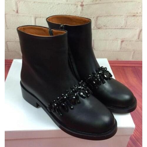 Autumn Newest Woman Ankle Boots With Gold Metal Chain High Quality Black Leather Riding Boots Chain-embellished Short Boot