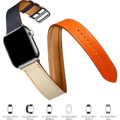 Double Tour For Apple watch band 44mm 40mm Genuine Leather watchband belt bracelet iWatch band 38mm 42mm serie SE 3 4 5 6 strap