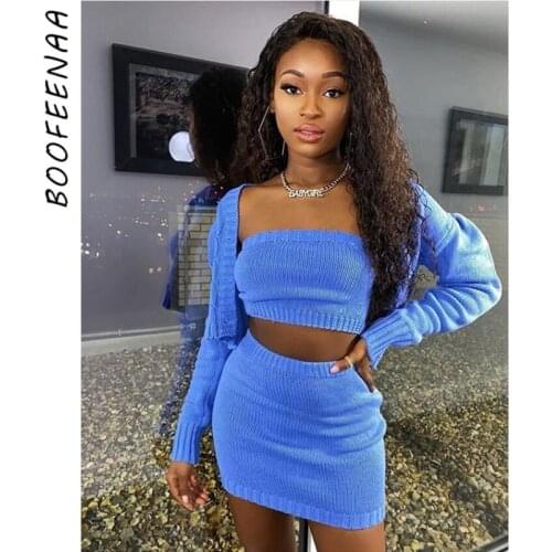 BOOFEENAA Sexy Knit Sweater 3 Piece Set Long Sleeve Cardigan Skirt Matching Sets Cute Fall Winter Women Outfits C34-AF91