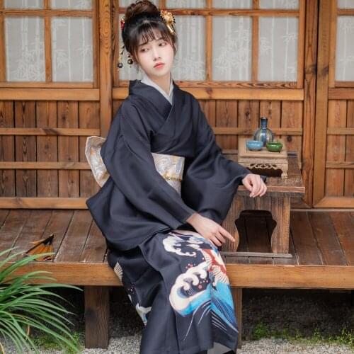 Japanese Traditional Kimono Womens Summer Bathrobe Black Color Beautiful Yukata Cosplay Wear Stage Performance Dress