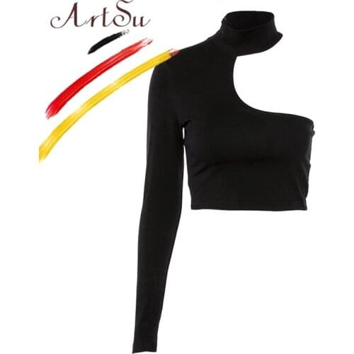 ArtSu Chic Women Zipper Choker Halter One Shoulder Cotton Long Sleeve T-Shirt Club Sexy Crop Top Female Tee Shirts Black White