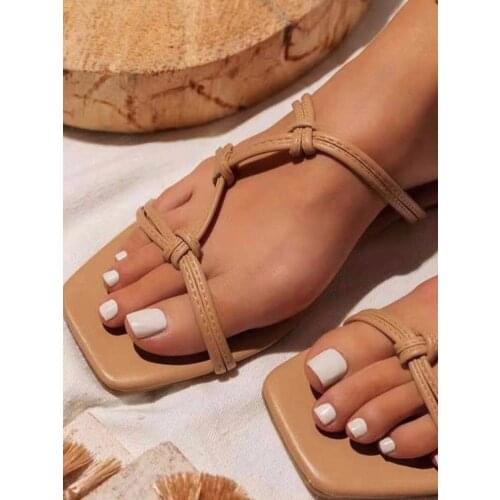Women Summer Slippers 2021 Ladies Woven Slippers Fashion Square Toe Leather Slippers Beach Sandals