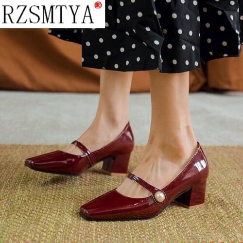 Women Pumps 2021 Spring Autumn Elegant Office Working Shoes Female Vintage Square Heel Leather Shoes Slip on Women Pumps