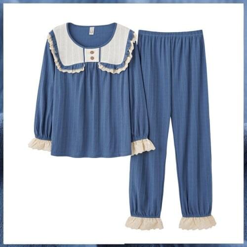 Palace Princess Style Female Pajamas Sets Women Spring Autumn Cotton Lace Lotus Leaf Oversized Pyjamas Sets Homewear Sleepwear