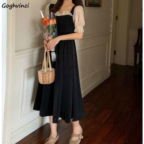 Short Sleeve Dress Women Lace Patchwork Mid-calf Puff Sleeve Square Collar Pleated Chic Retro Womens Fashion Elegant Slim Simple