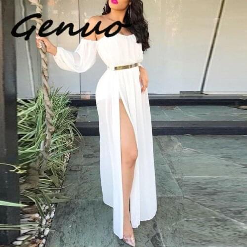 Genuo New 2019 Summer Women Slash Neck Sexy Dress Beach Solid High Split Dress Bodycon Lantern Sleeve Transparent Maxi Dress