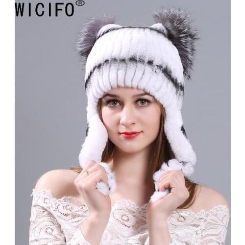 2019 Women Hat Winter Rex Rabbit Fur With Silver Fox Fur Cap Fashion Female Hat Ball Ball Decoration Knitted Bomber Hat