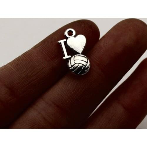 30pcs Wholesale Price I Love Volleyball Charms 9*16mm Antique Silver Plated Pendant For Handmade Jewelry Accessories