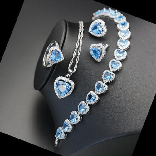 Shiny CZ Trendy Silver Color Jewelry Set For Women Heart Stone Pendants Necklaces Earrings Ring Bracelet Anniversary Gift