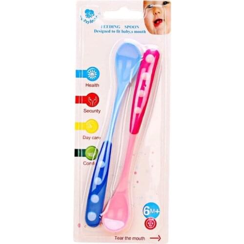 Two-color Long Handle Baby Eating Spoon Two Sticks Baby BPA Free Safe Plastic Training Eating Spoon Straight Cute Head