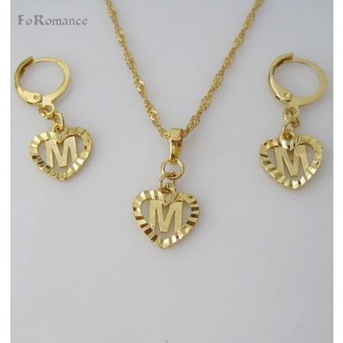 FoRomance- HIGH QUALITY GOLD GP OVERLAY 26 LETTERS FROM A TO Z HEART LINE CARVED PENDANT 18" WATER WAVE NECKLACE EARRING SET