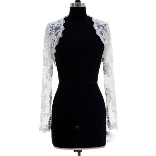 Pretty White Lace Long Sleeves Wedding Bolero Wrap Appliques Custom Made Cheap Bridal Jacket Cape Women Vest