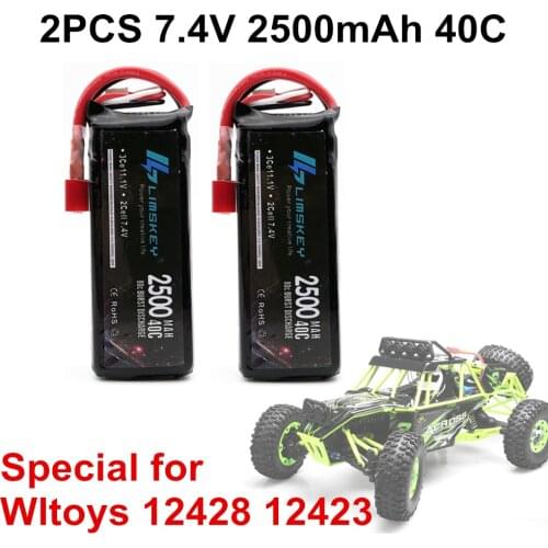 Limskey 2PCS RC Lipo Battery 2S 7.4V 2500mah 40C Max 80C for Wltoys 12428 12423 1:12 RC Car Spare parts