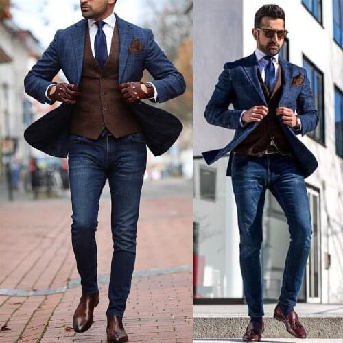 2 Pieces Navy Blue Mens Wedding Tuxedos Blazer&Brown Vest Groom Groomsmen Suit Casual Custom Made Men Suits