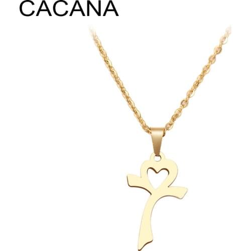 CACANA Stainless Steel Necklace For Women Man Lovers Heart Flower Cross Pendant Choker Necklace Engagement Jewelry