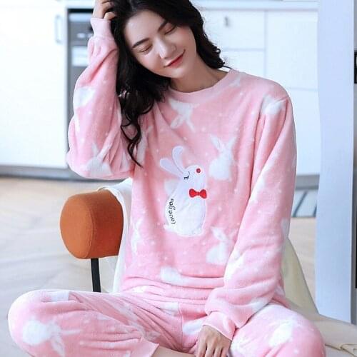 H5995 Rabbit Cartoon Lovely Pajamas Suit Women Thickened Coral Plush Long Sleeve Sleepwear Set Winter Flannel Household Clothing