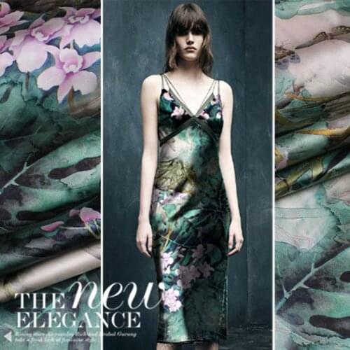 Luxurious New Green Flowers view inkjet positioning print silk fabric 19mm spandex 97% silk romantic night wedding dress fabric