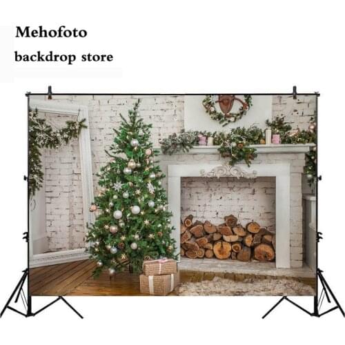 Mehofoto Christmas background photography Tree Photo Backdrop Vintage Fireplace Video White Wall Party Decoration Supplies 140