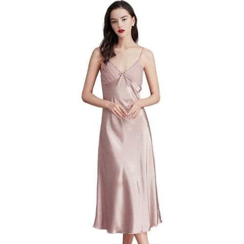 Sexy Lingerie Silk Nightgown Women Satin Nightdress Long Luxury Robe Silk Lace Sling Sleeping Sleeveless V-Neck Nightgown ouc189