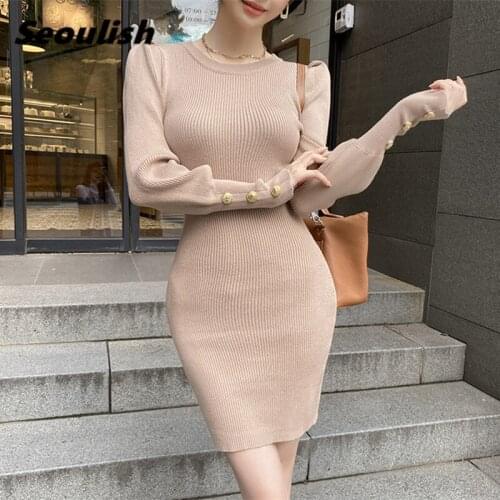 Seoulish 2021 New Autumn Winter Puff Sleeve Knitting Dress Elegant High Waist Buttons Sheath Bodycon Sexy Midi Sweater Dress