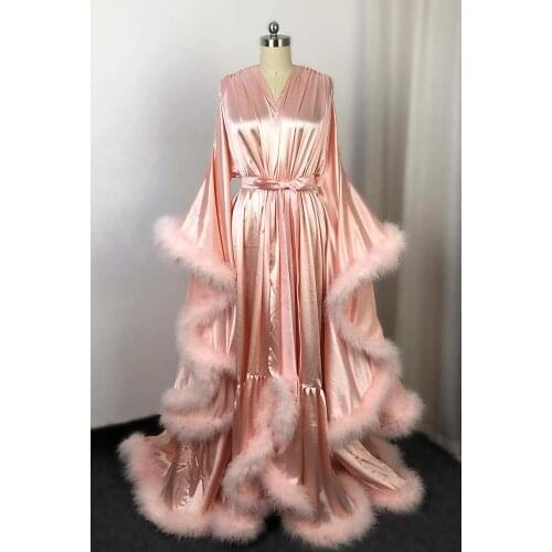 Silk Wedding Bathrobe Womens Feather Bath Gown With Button Long Sleeves Bridal Robe Wedding Nightgown