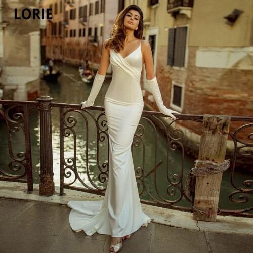 LORIE Mermaid Wedding Dresses 2021 Soft Satin Sleeveless Beach Boho Bridal Gown Simple V-neck Spaghetti Straps Sweep Train Dress